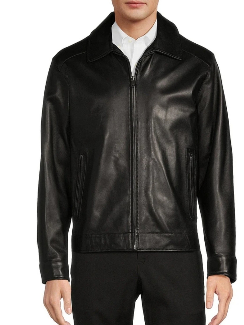 Roundtree & Yorke Lamb Hipster Classic Black Leather Zip-Front Jacket -